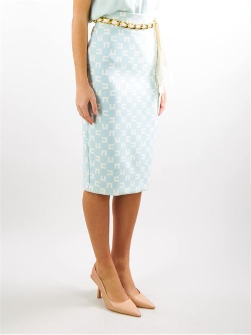Stretch crêpe midi skirt with logo print and foulard scarf belt Elisabetta Franchi ELISABETTA FRANCHI | Skirt | GOS1141E2BZ2